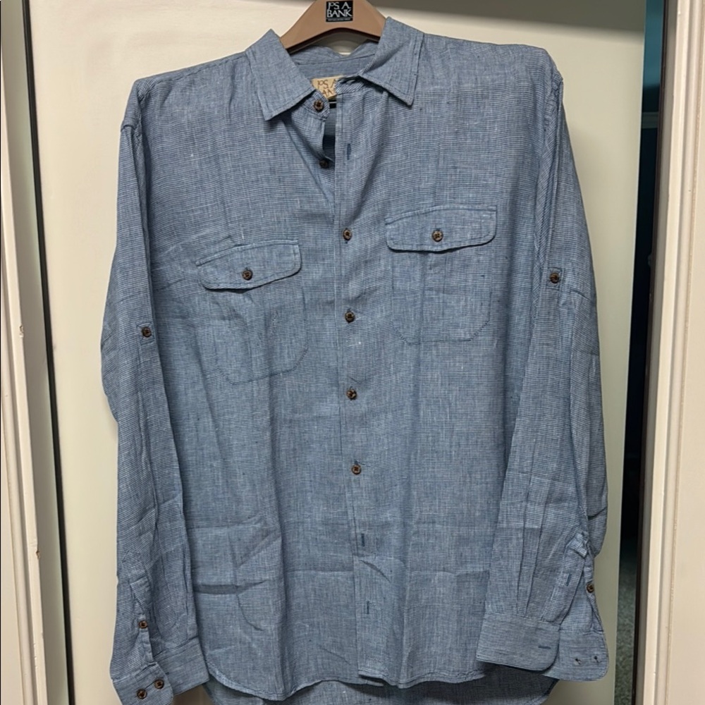 Jos A Bank Casual Linen Blue Button-Up Shirt